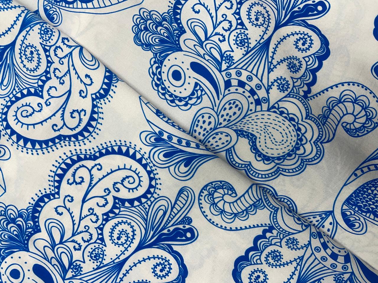 White Blue Abstract Pure Chanderi Fabric Kapdashop