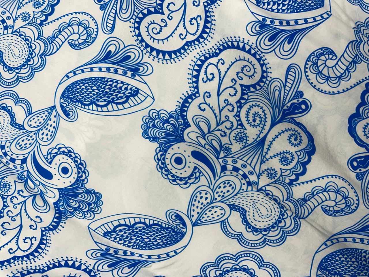 White Blue Abstract Pure Chanderi Fabric Kapdashop