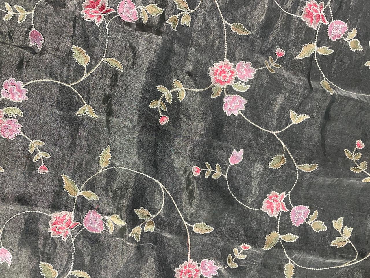 Grey Floral Pure Tissue Emrbroiderd Fabric KTEX