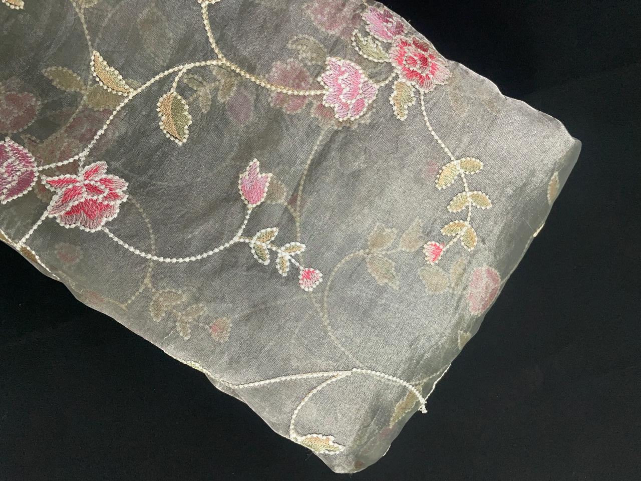 Grey Floral Pure Tissue Emrbroiderd Fabric KTEX