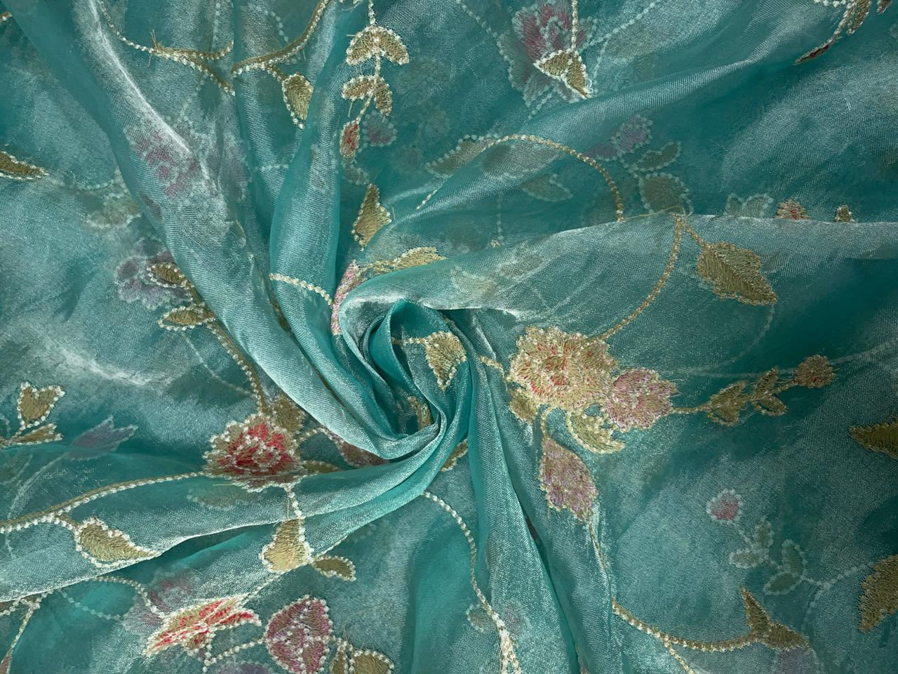 Sea Green Floral Pure Tissue Emrbroiderd Fabric KTEX