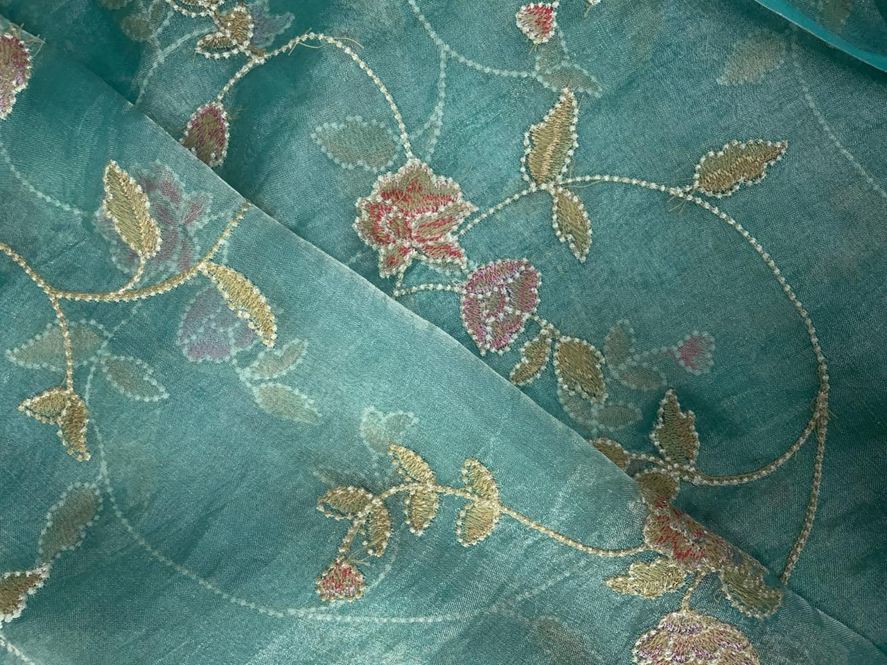Sea Green Floral Pure Tissue Emrbroiderd Fabric KTEX