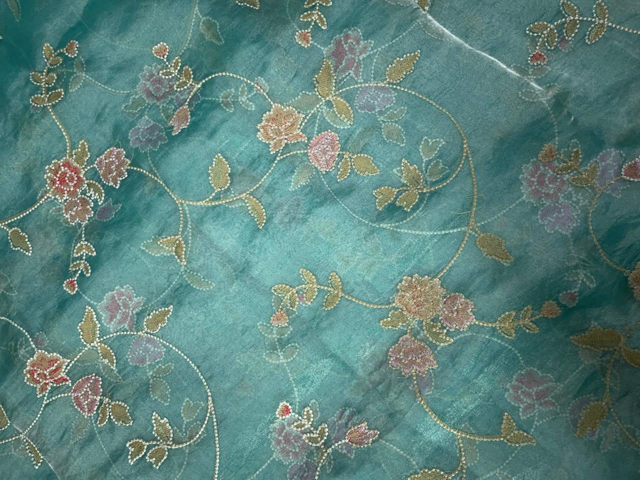 Sea Green Floral Pure Tissue Emrbroiderd Fabric KTEX