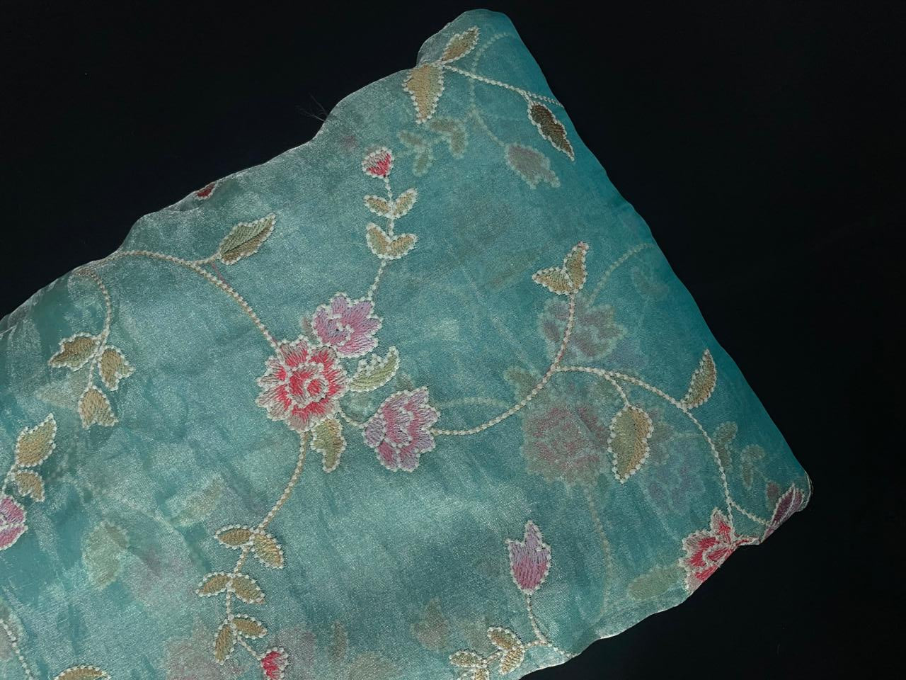 Sea Green Floral Pure Tissue Emrbroiderd Fabric KTEX