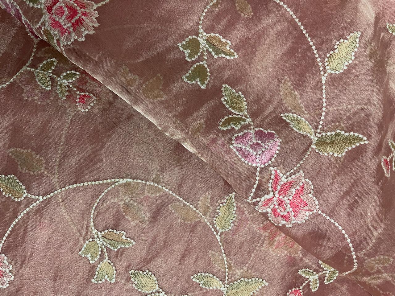 Peach Pink Floral Pure Tissue Emrbroiderd Fabric KTEX