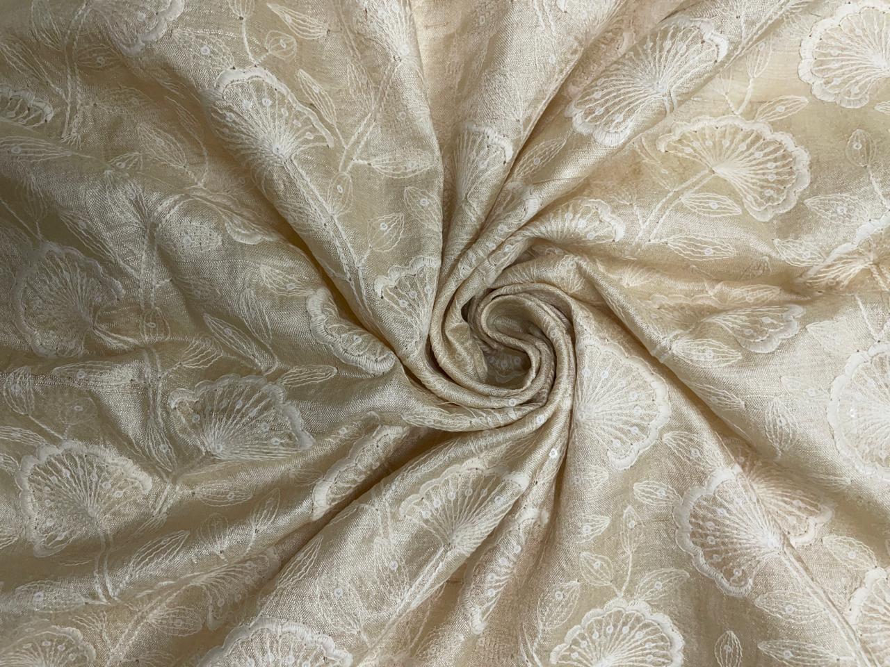 White Dyeable Floral Pure Tussar Embroidered Fabric KTEX