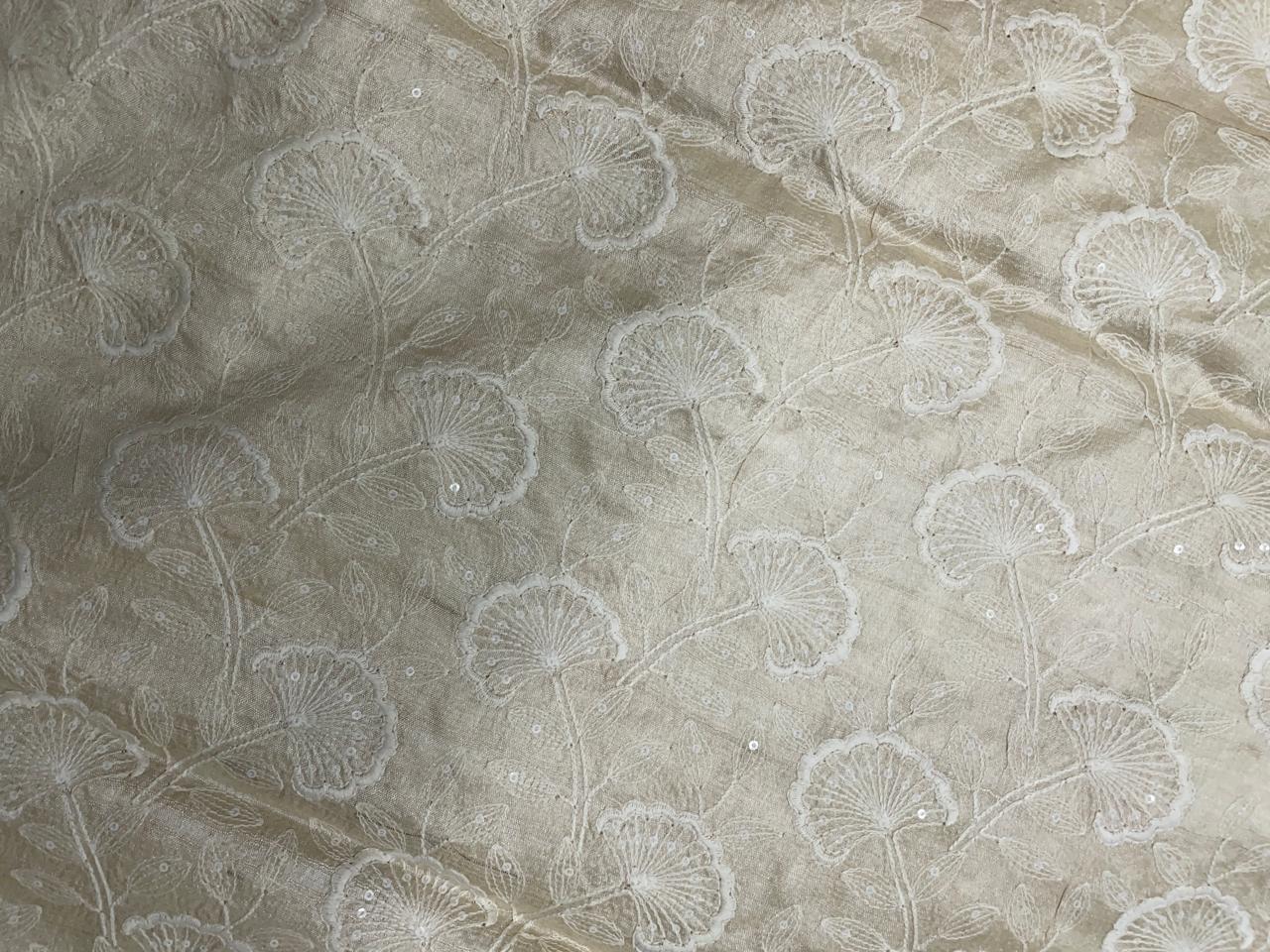 White Dyeable Floral Pure Tussar Embroidered Fabric KTEX