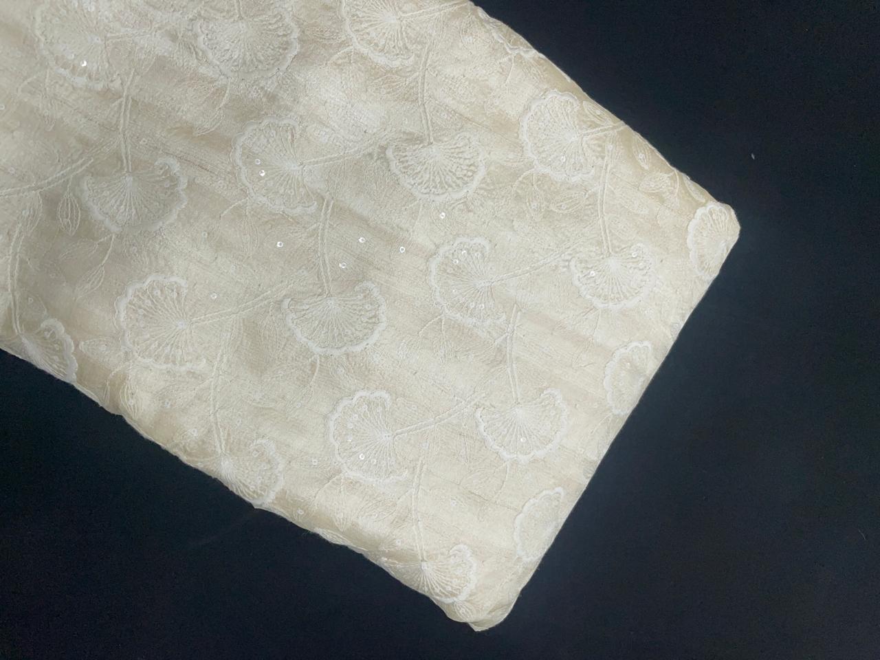 White Dyeable Floral Pure Tussar Embroidered Fabric KTEX