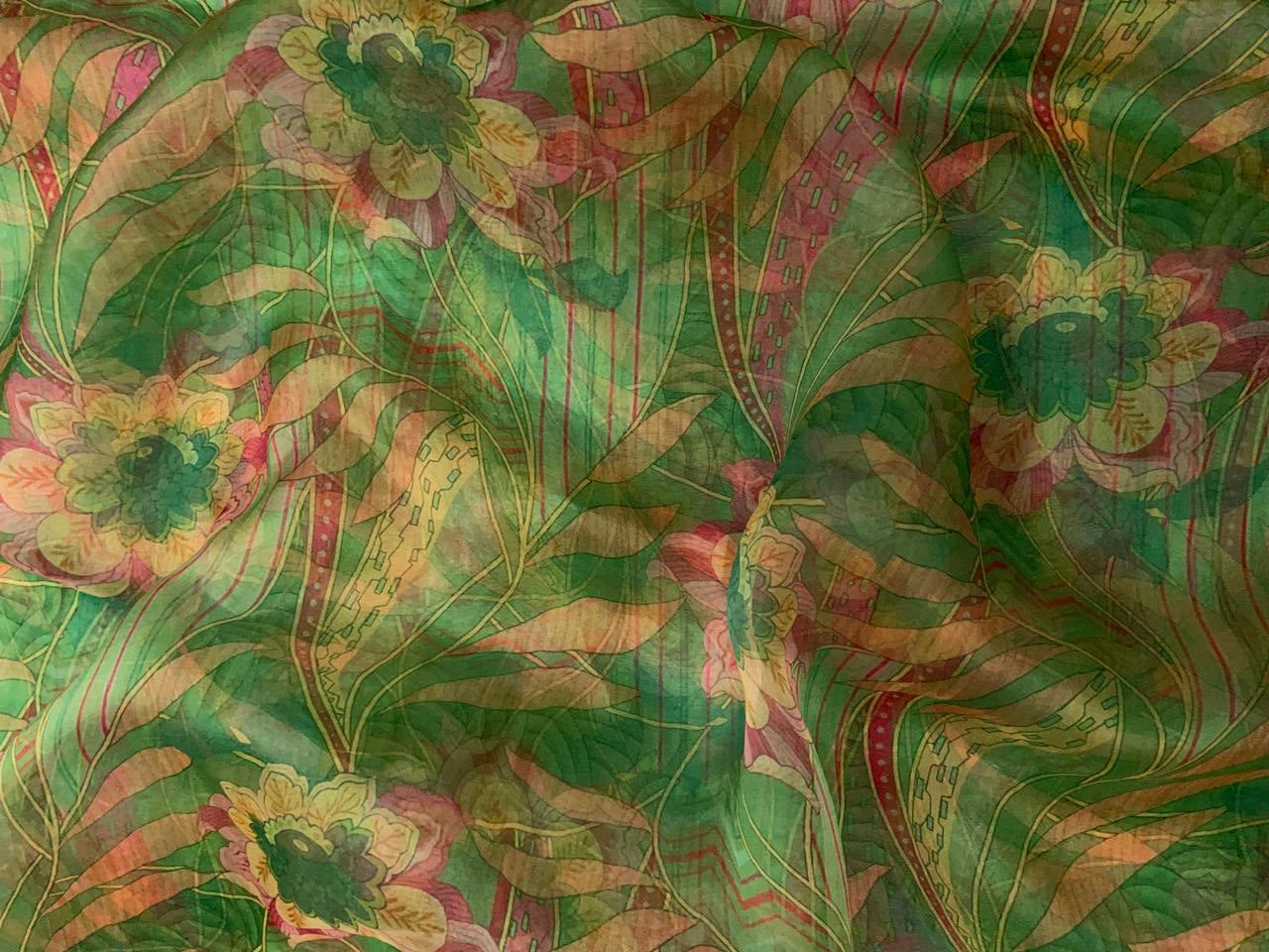 Green Floral Pure Organza Fabric Kapdashop