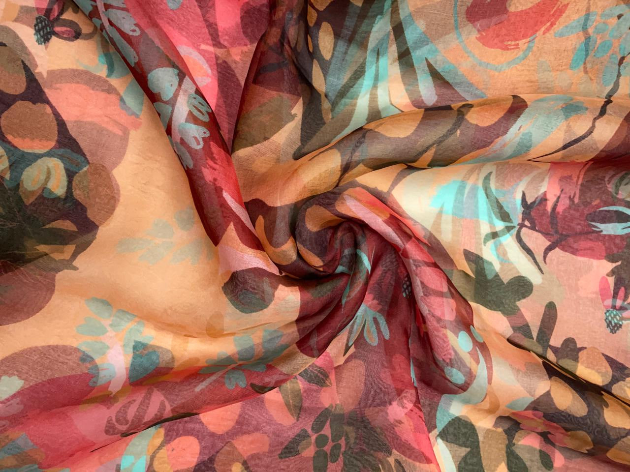 Orange Floral Pure Organza Fabric KTEX