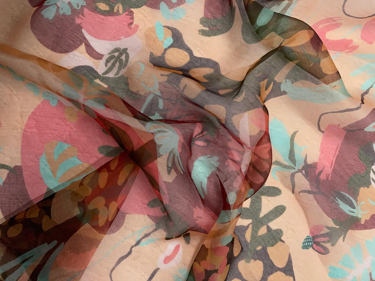 Orange Floral Pure Organza Fabric KTEX