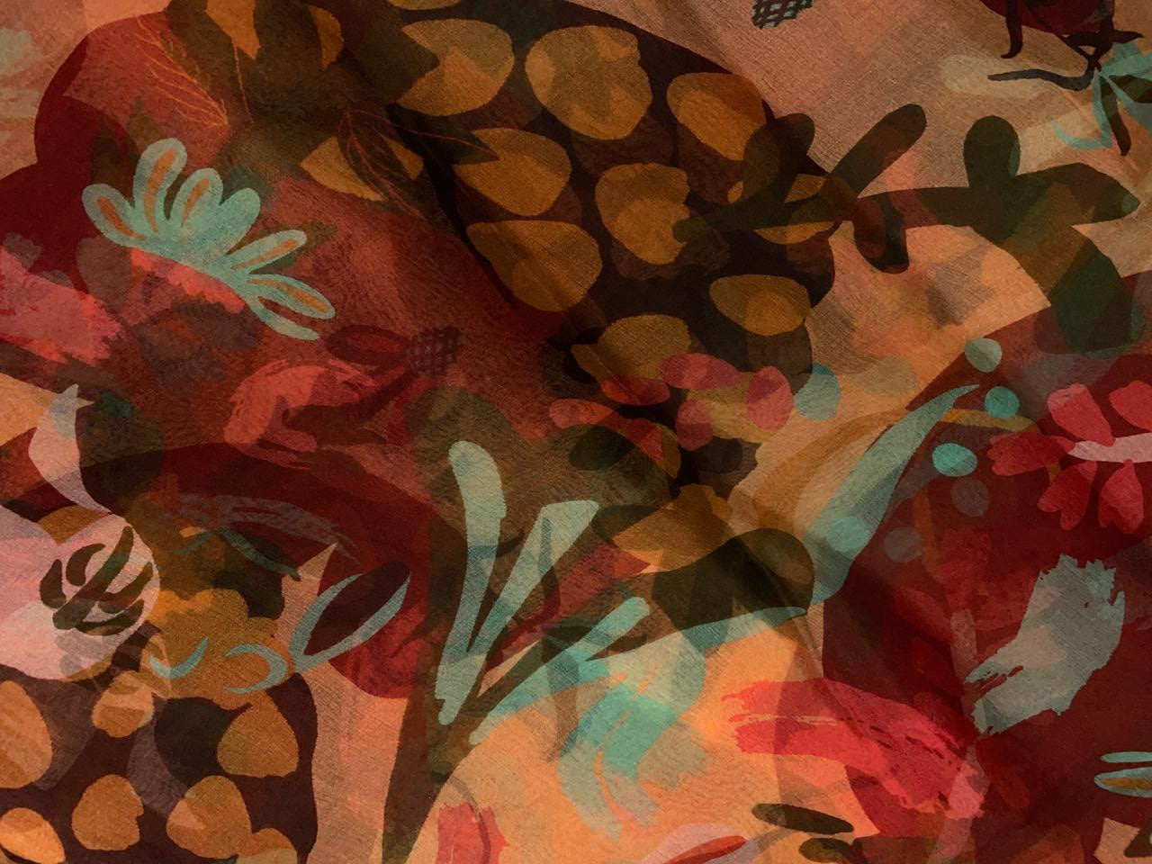 Orange Floral Pure Organza Fabric KTEX