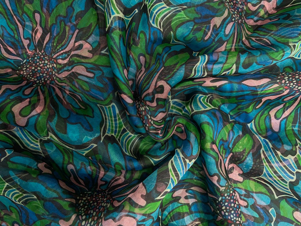 Green Multicolor Floral Pure Organza Fabric KTEX