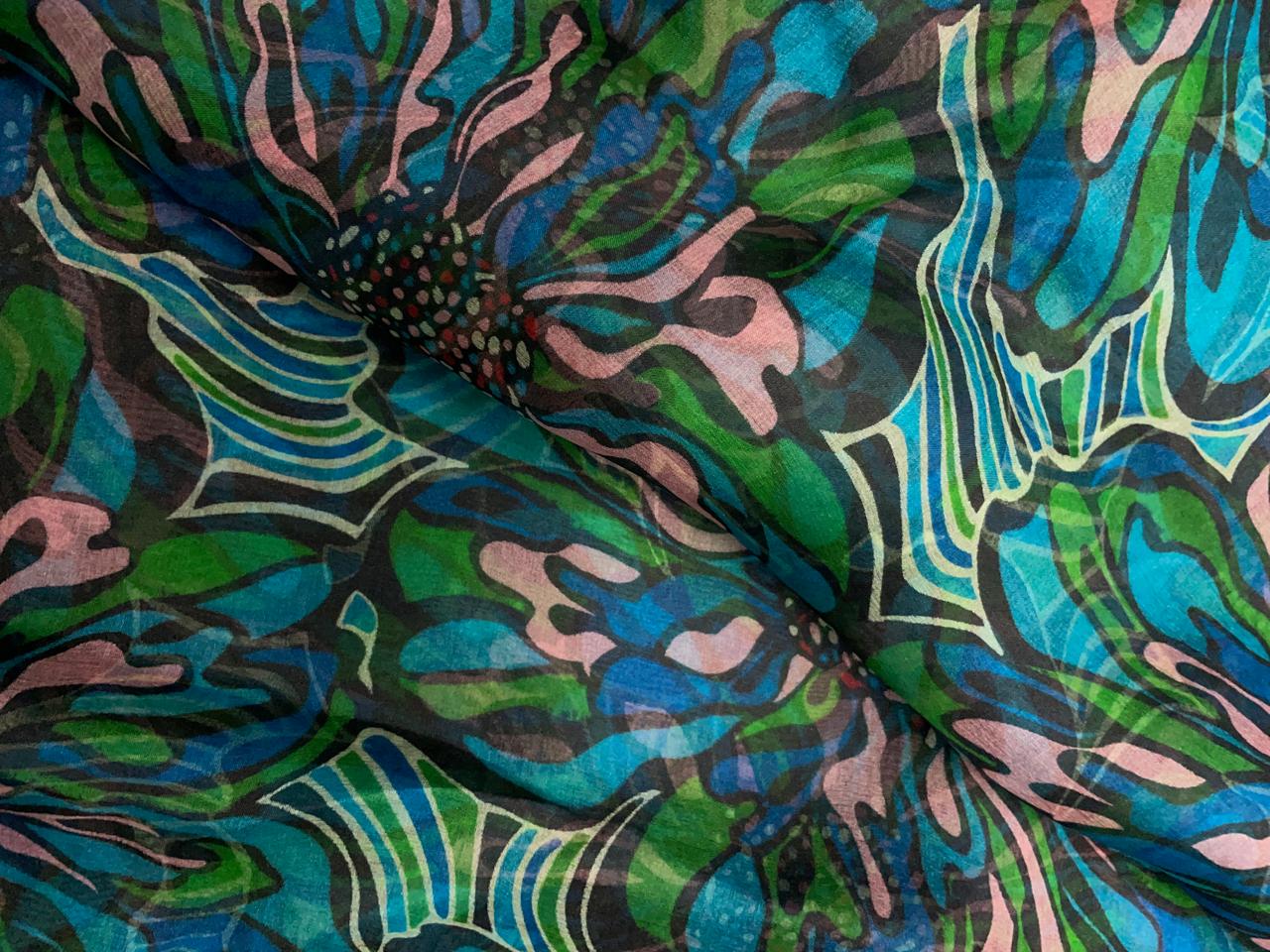 Green Multicolor Floral Pure Organza Fabric KTEX