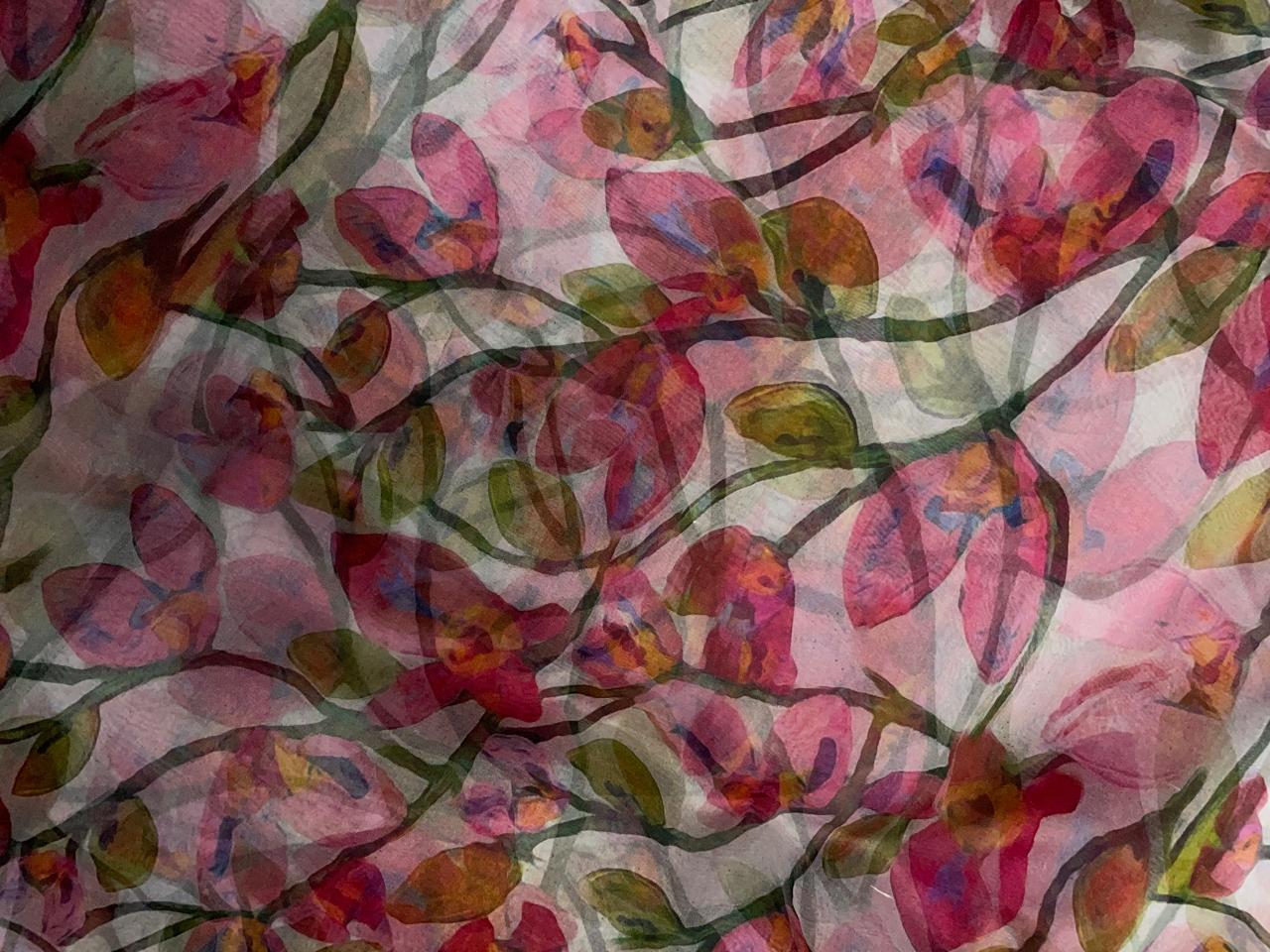 Pink Multicolor Floral Pure Organza Fabric Kapdashop
