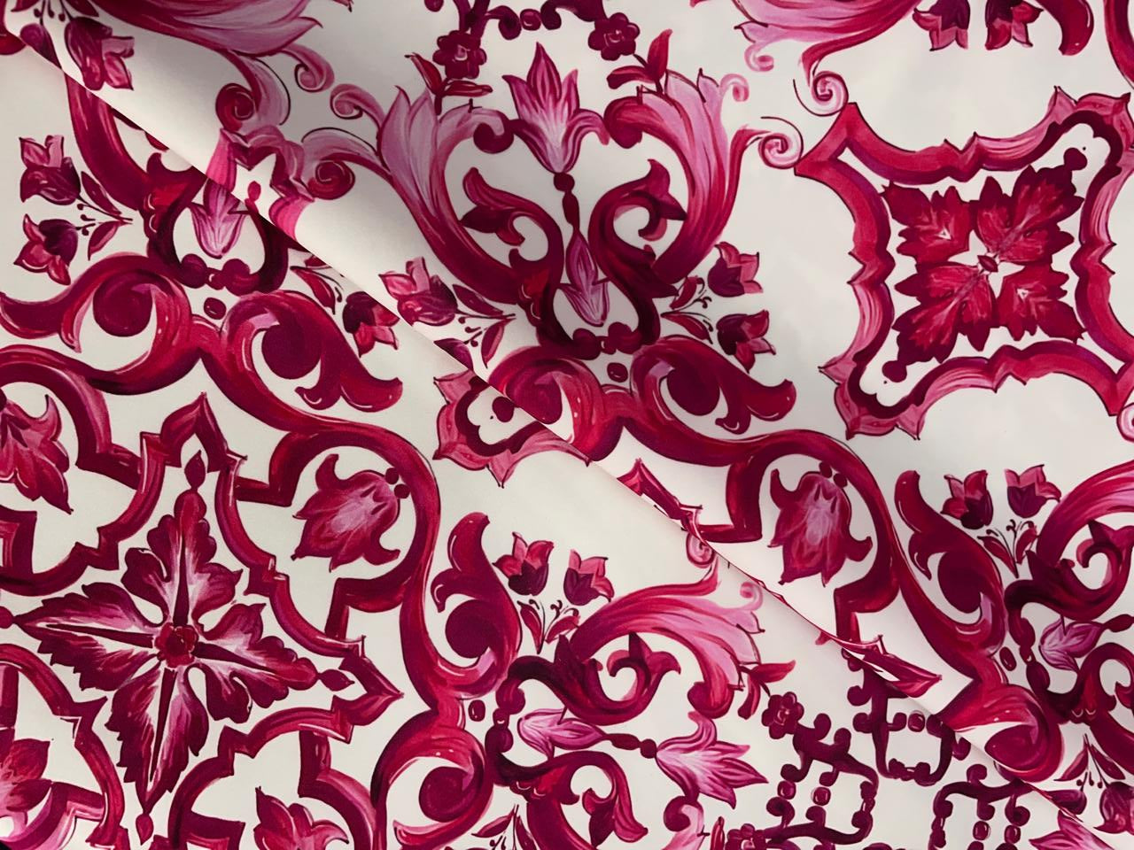White Maroon Abstract Japanese Crepe Fabric KTEX