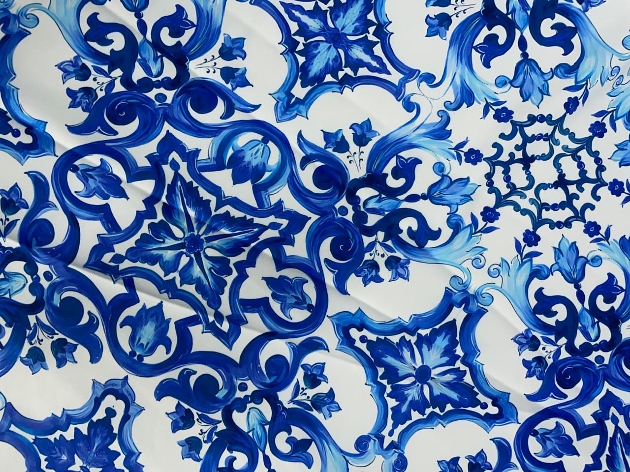 White Blue Abstract Japanese Crepe Fabric KTEX