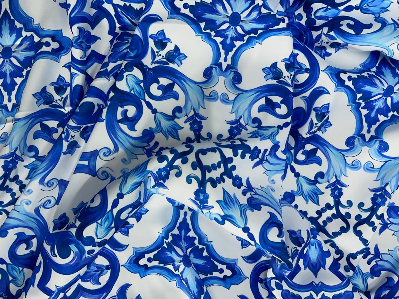 White Blue Abstract Japanese Crepe Fabric KTEX