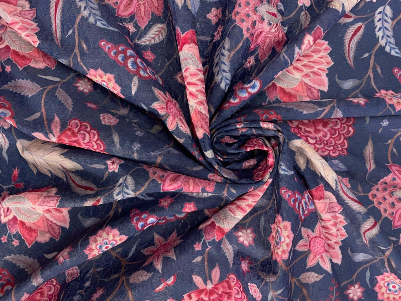 Dark Blue Pink Floral Self Lycra Fabric KTEX