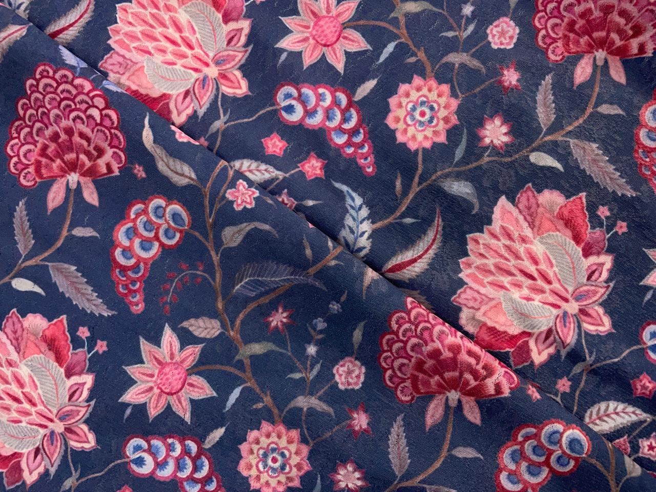 Dark Blue Pink Floral Self Lycra Fabric KTEX