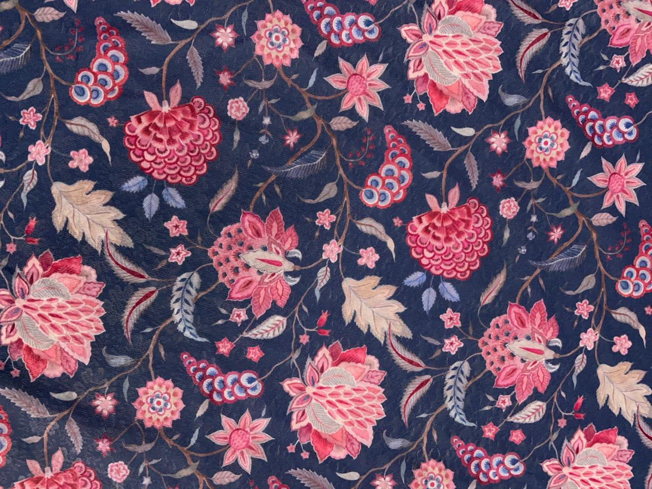 Dark Blue Pink Floral Self Lycra Fabric KTEX