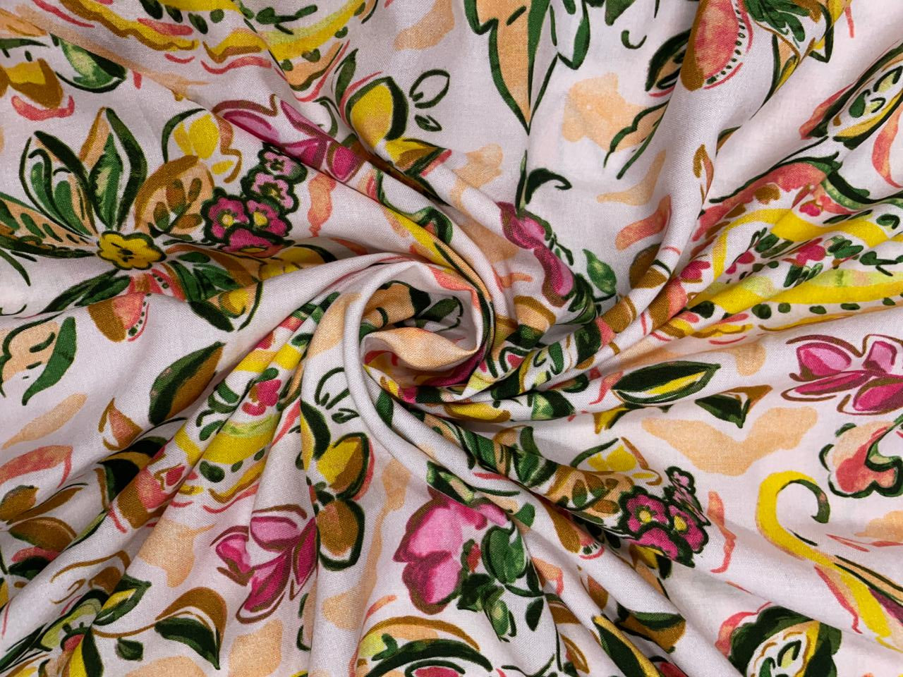 White Multicolor Floral Rayon Fabric KTEX