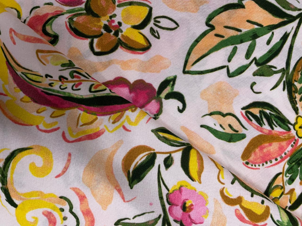 White Multicolor Floral Rayon Fabric KTEX