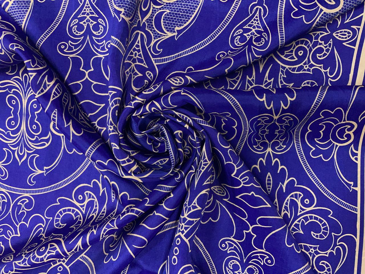 Royal Blue Floral Habutai Silk Fabric KTEX