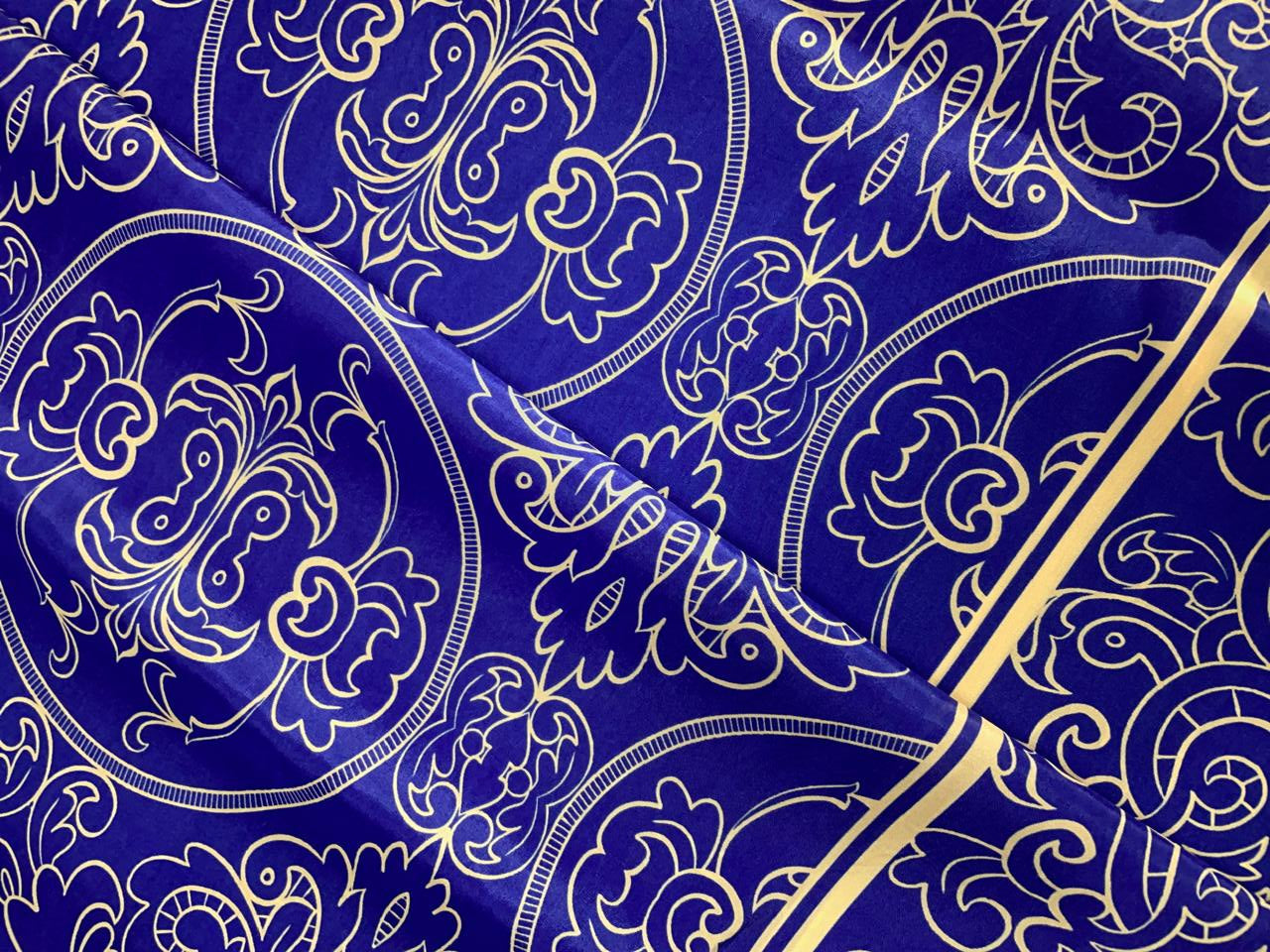 Royal Blue Floral Habutai Silk Fabric KTEX