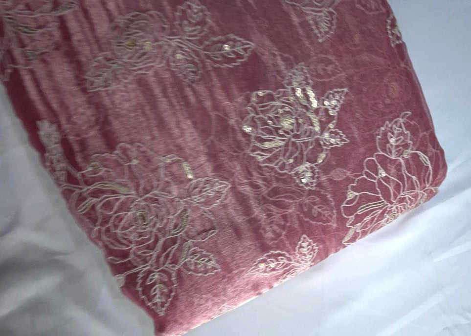 Pink Floral Pure Tissue Embroidered Fabric KTEX