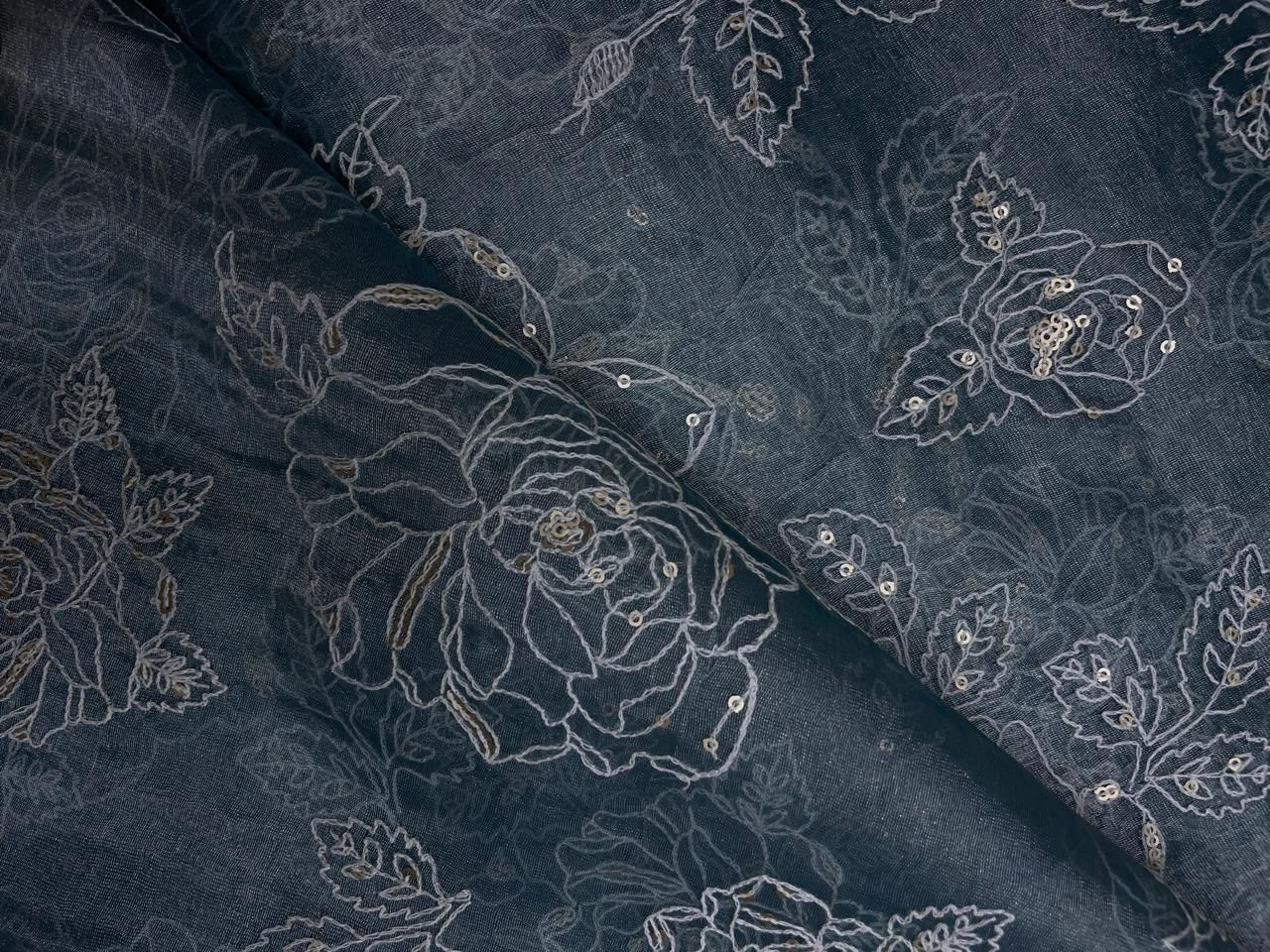 Teal Blue Floral Pure Tissue Embroidered Kapdashop