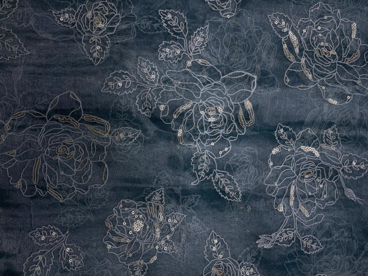 Teal Blue Floral Pure Tissue Embroidered Fabric KTEX