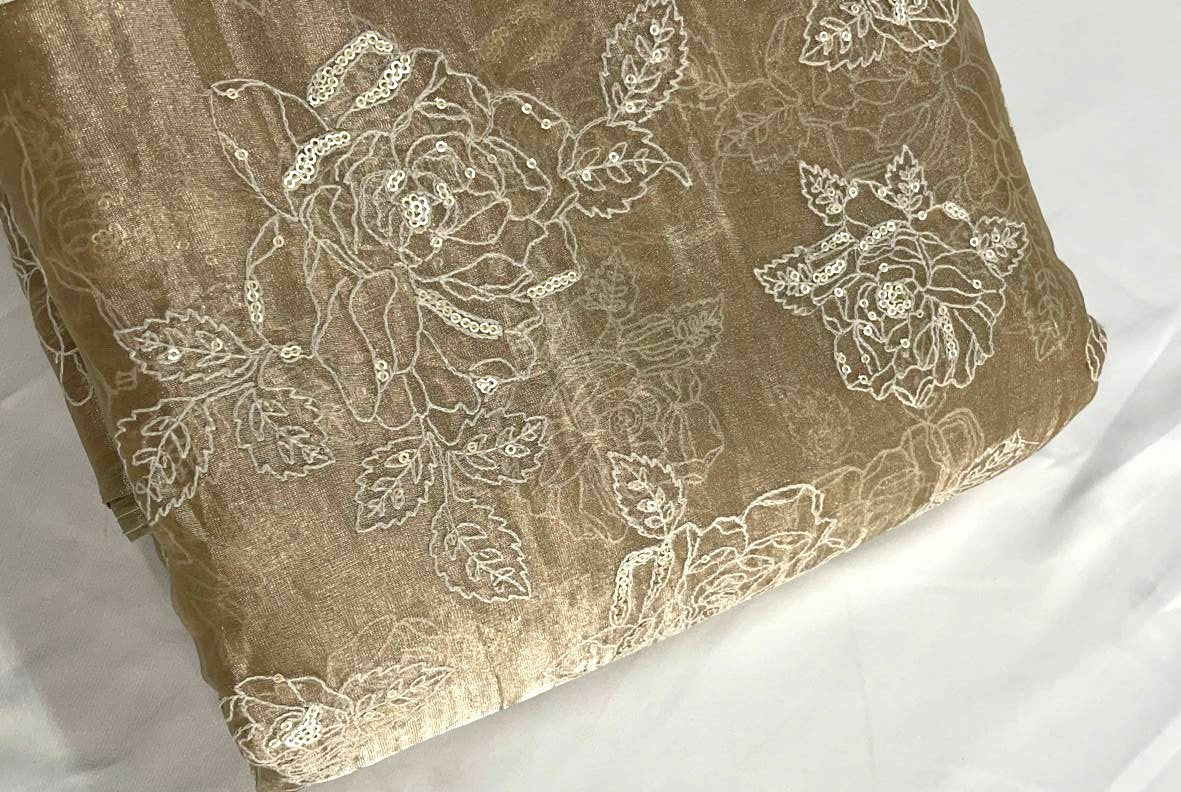 Beige Floral Pure Tissue Embroidered Kapdashop