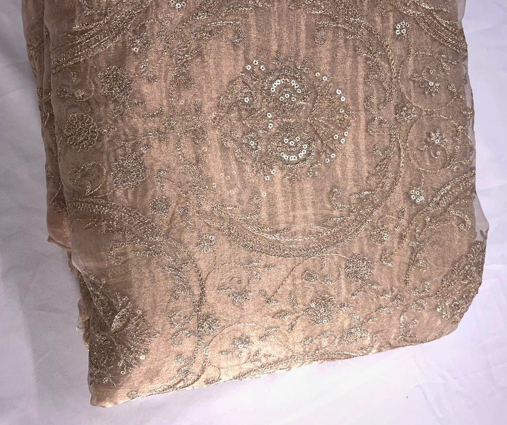 Golden Floral Pure Tissue Embroidered Fabric KTEX