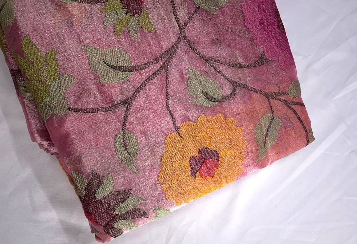 Pink Floral Pure Tissue Embroidered Fabric KTEX