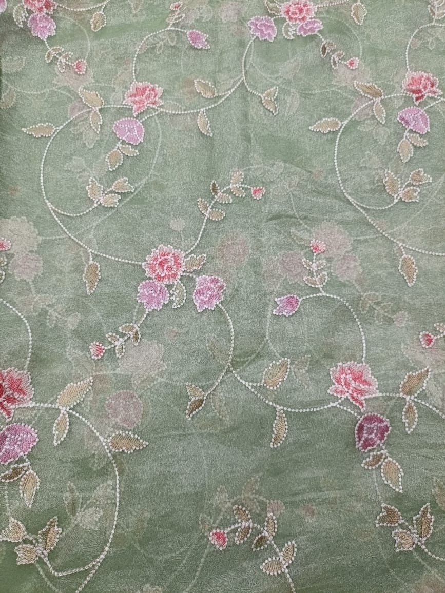 Sea Green Floral Pure Tissue Embroidered Kapdashop