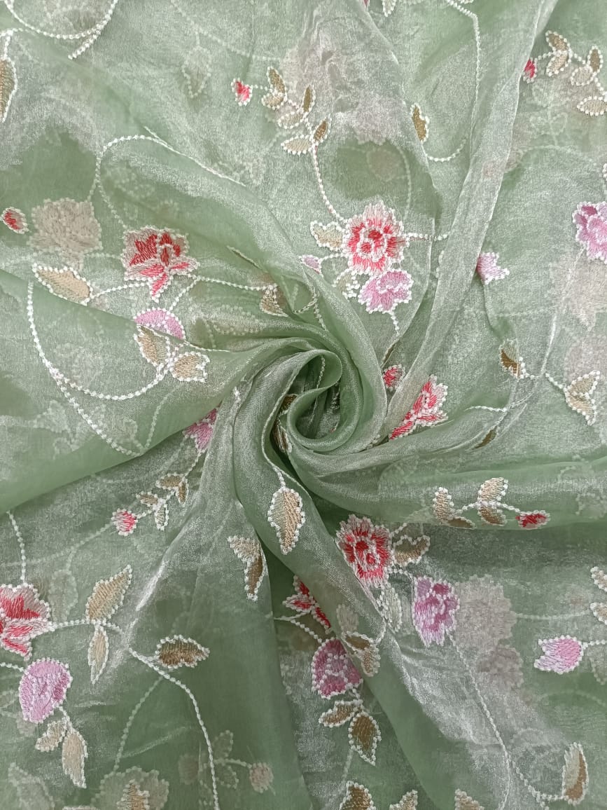 Sea Green Floral Pure Tissue Embroidered Fabric KTEX