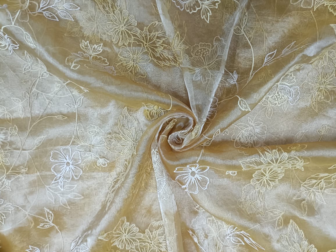 Light Mustard Floral Pure Tissue Embroidered Fabric KTEX