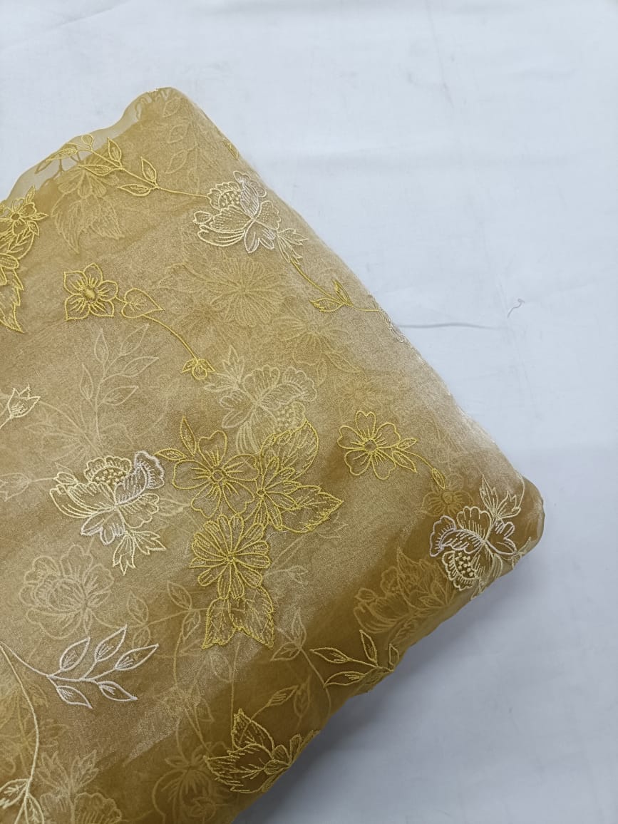 Light Mustard Floral Pure Tissue Embroidered Fabric KTEX