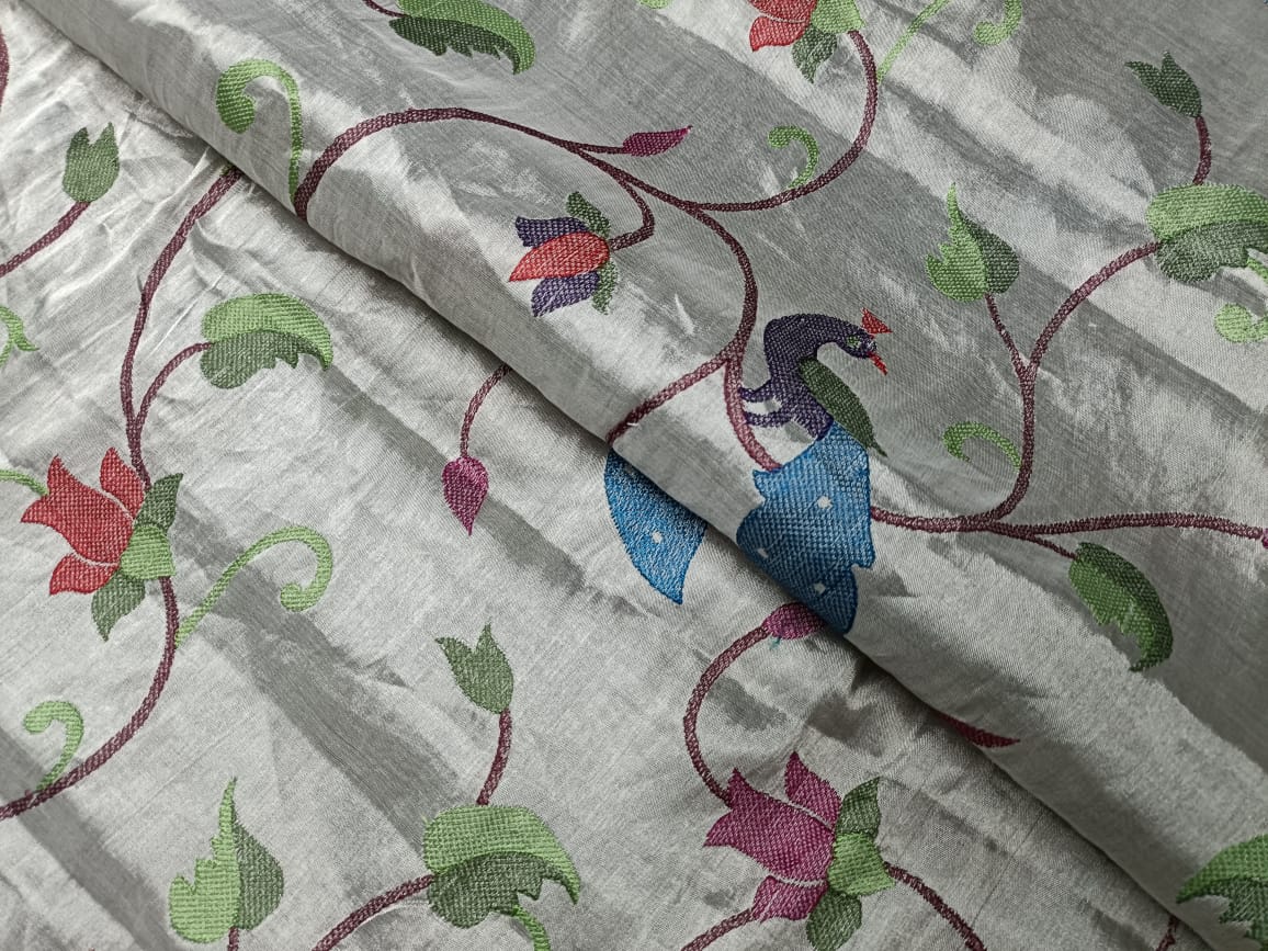 Silver Floral Pure Tissue Embroidered Fabric KTEX