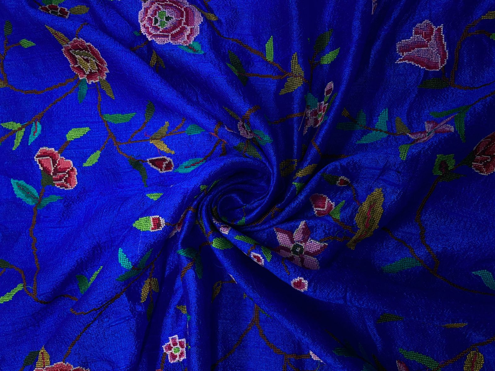 Royal Blue Floral Pure Raw Silk Embroiderd Fabric Kapdashop