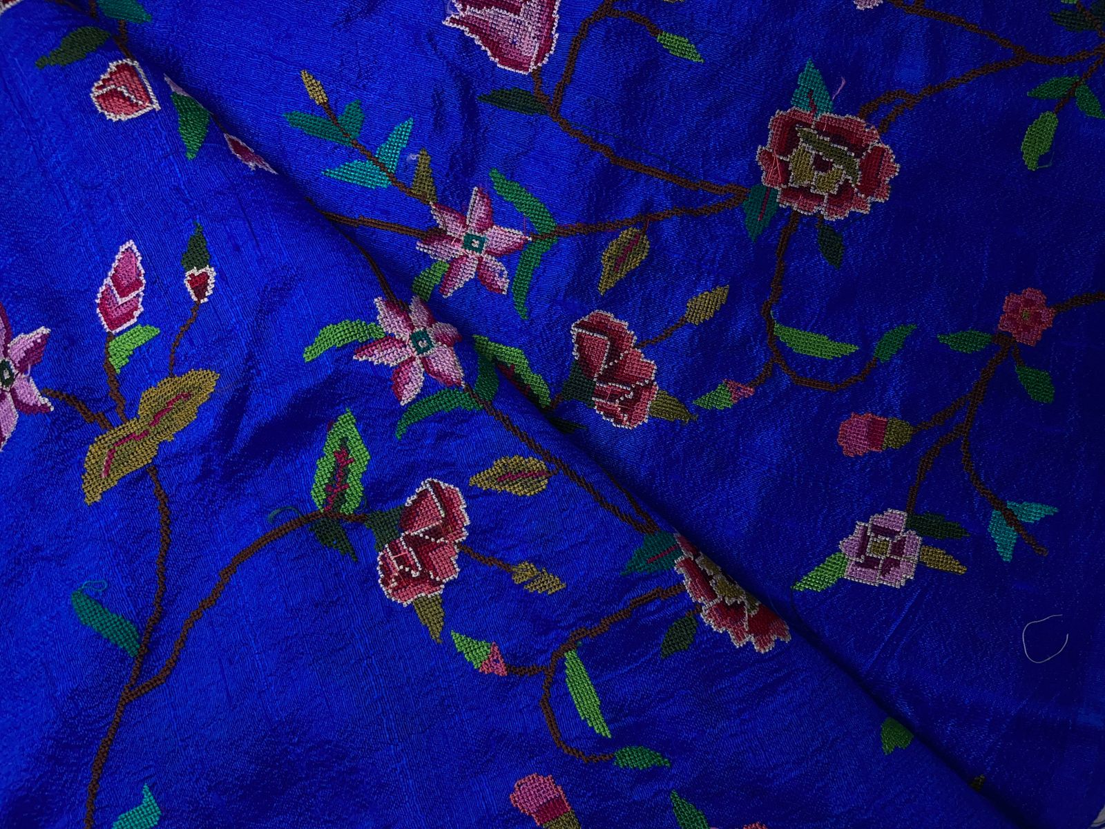 Royal Blue Floral Pure Raw Silk Embroiderd Fabric KTEX