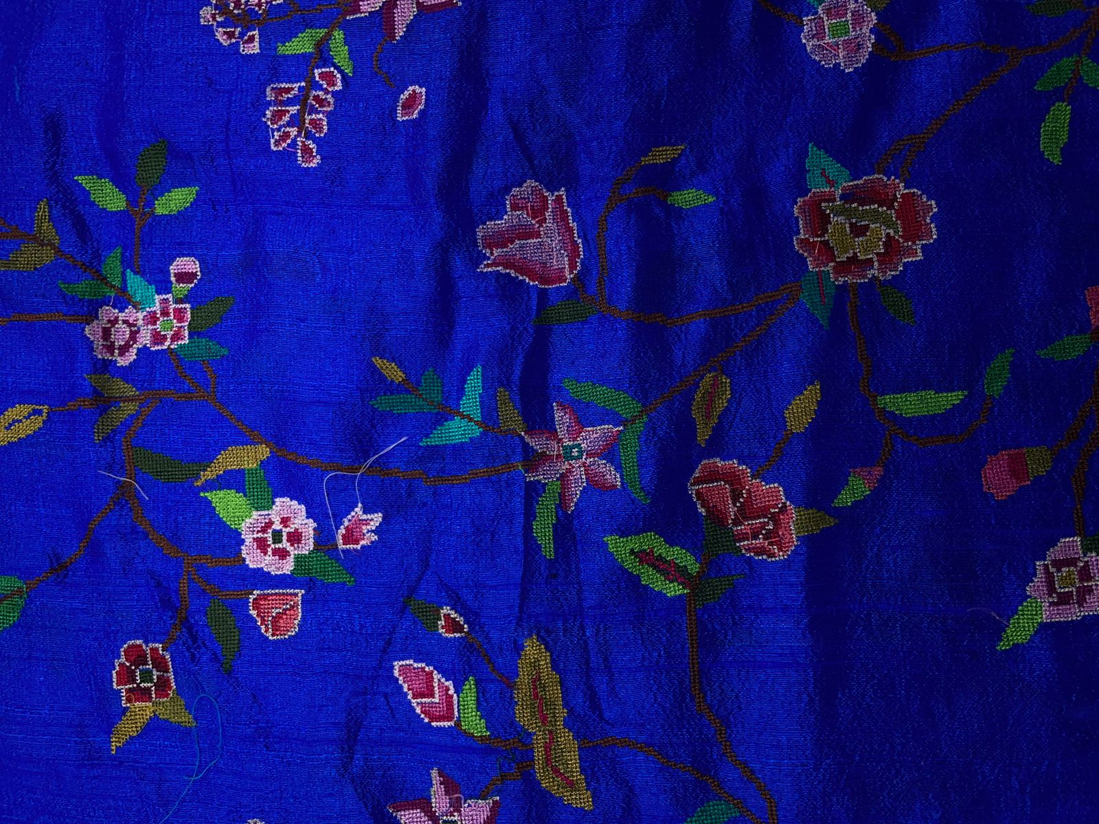 Royal Blue Floral Pure Raw Silk Embroiderd Fabric KTEX
