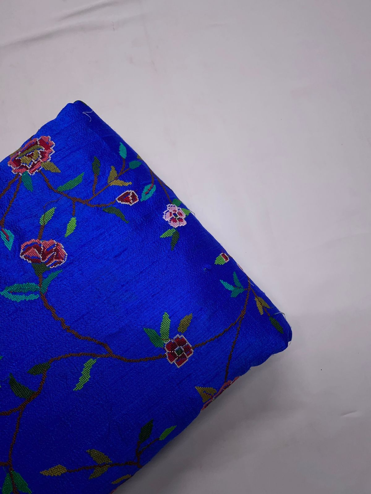 Royal Blue Floral Pure Raw Silk Embroiderd Fabric Kapdashop
