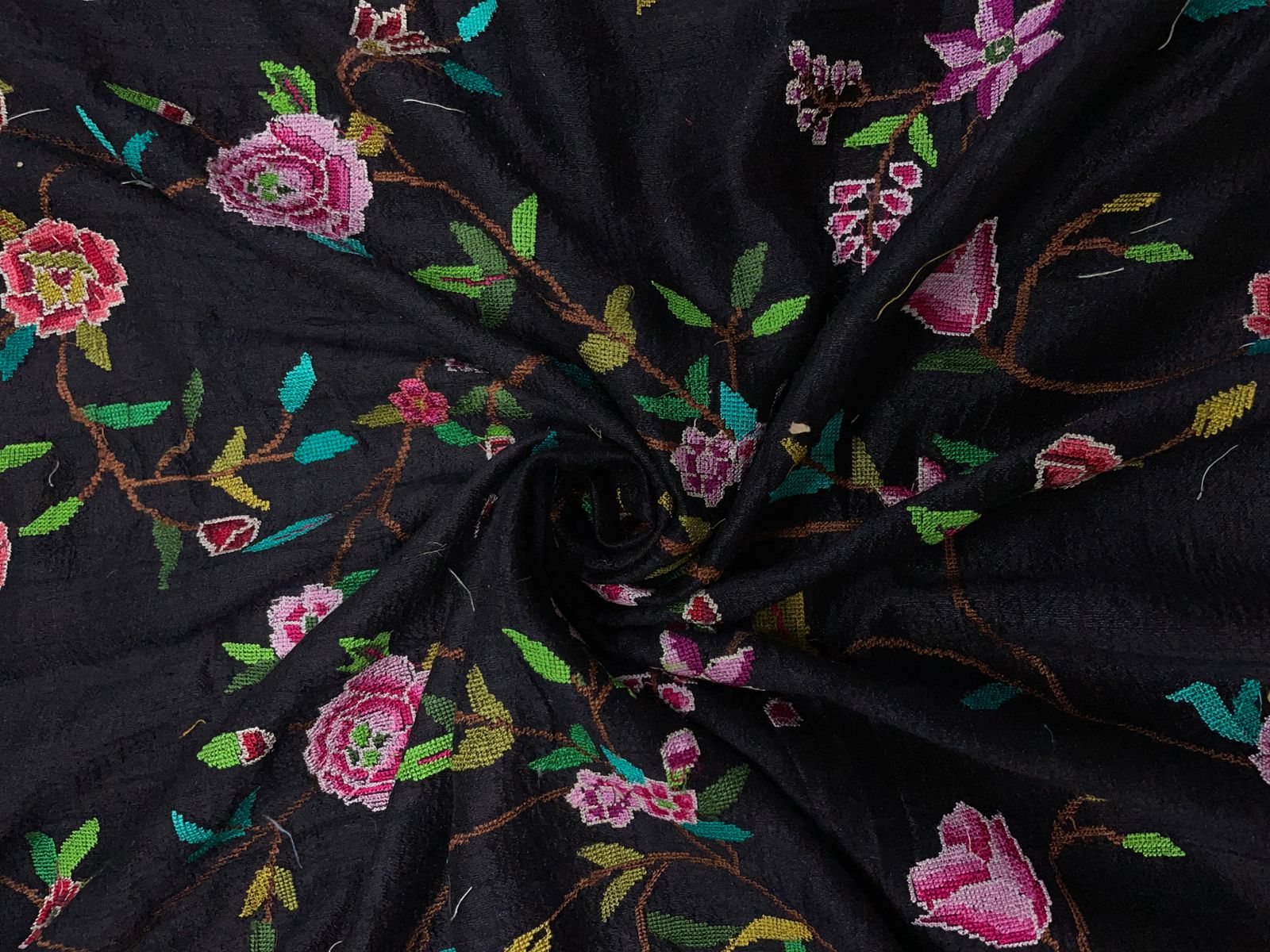 Black Floral Pure Raw Silk Embroiderd Fabric Kapdashop