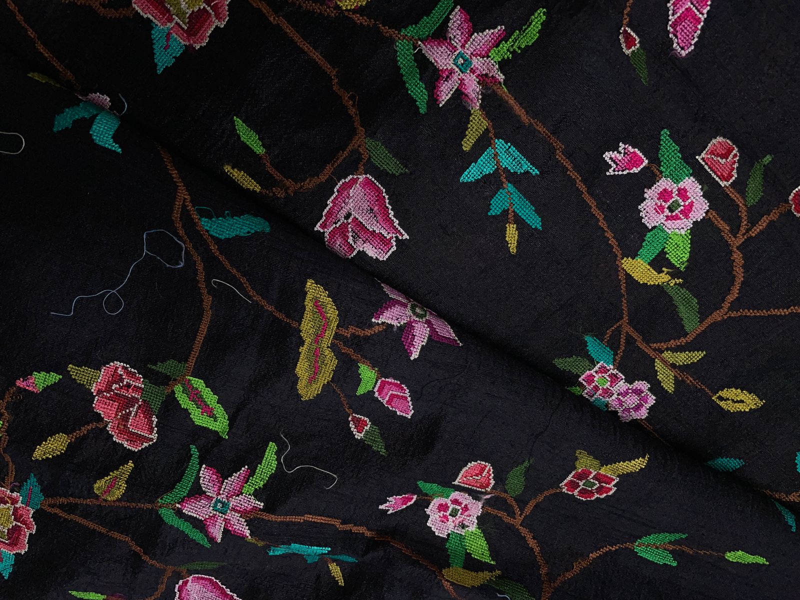 Black Floral Pure Raw Silk Embroiderd Fabric KTEX