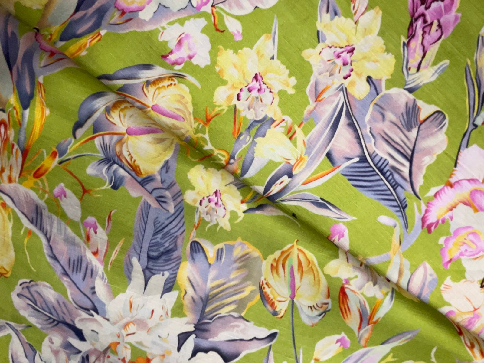 Green Floral Linen Satin Fabric Kapdashop