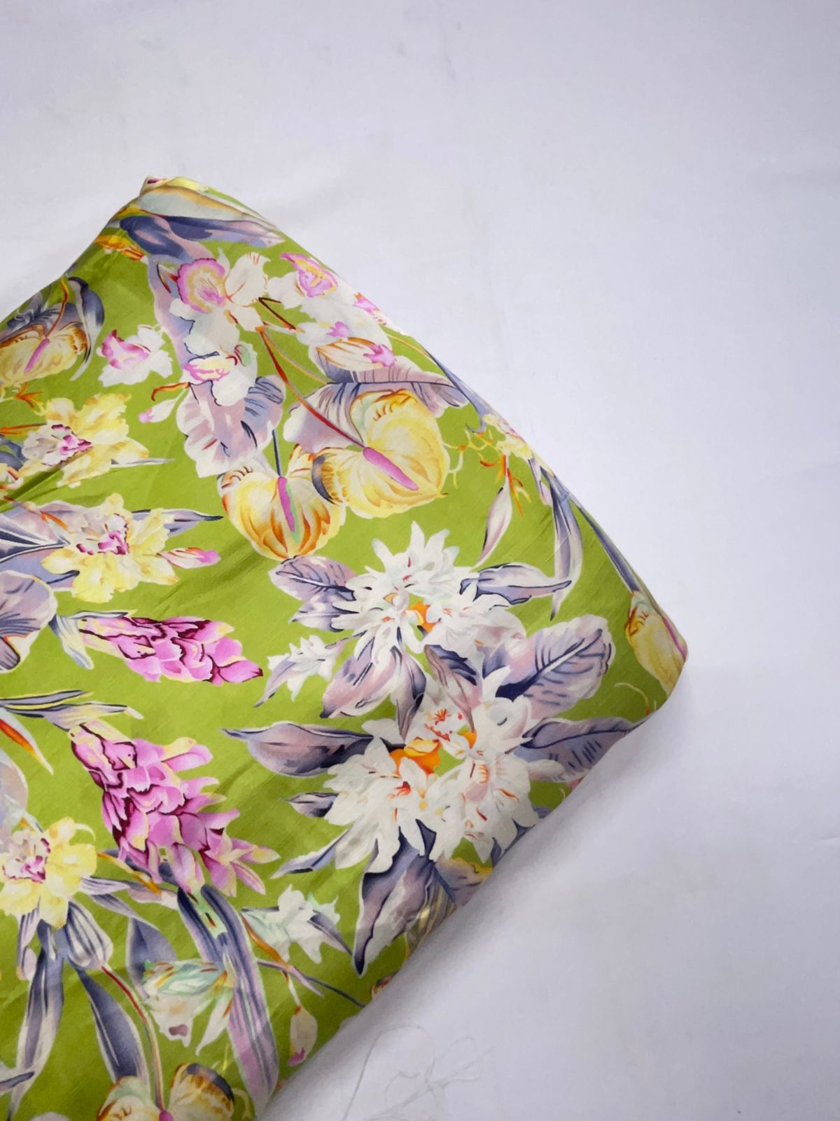 Green Floral Linen Satin Fabric KTEX