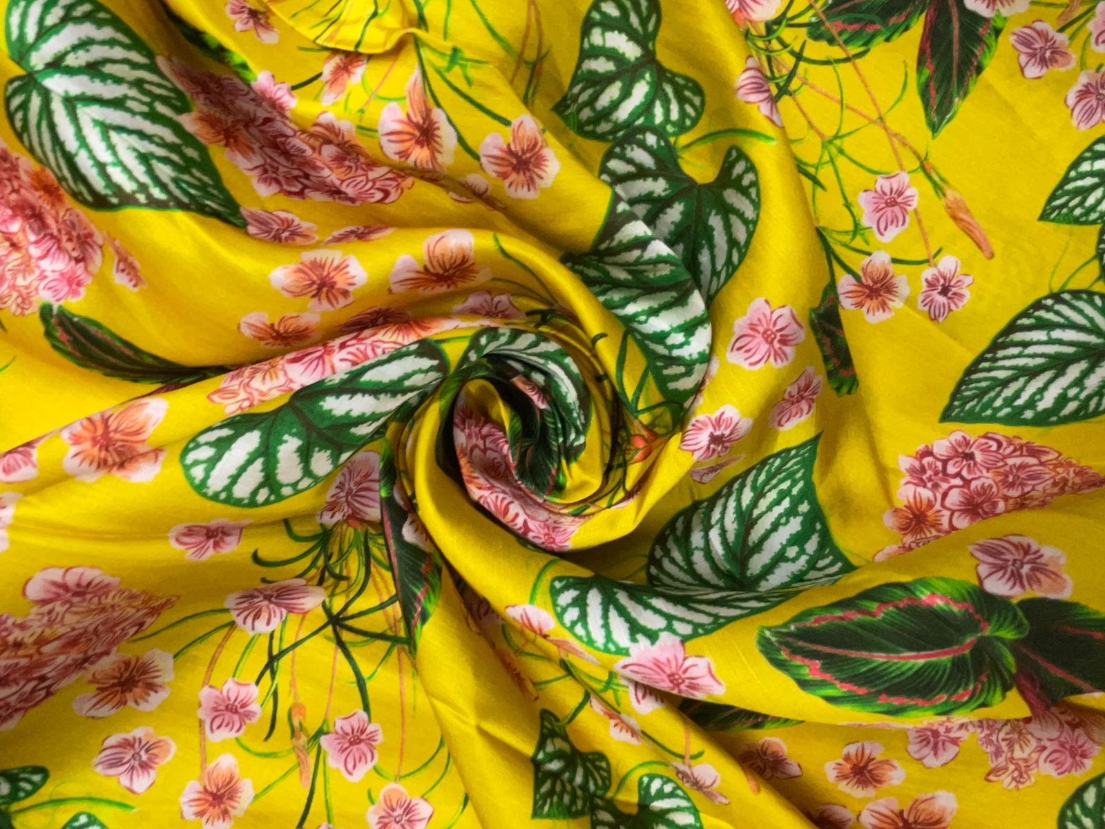 Mustard Green Floral Linen Satin Fabric Kapdashop