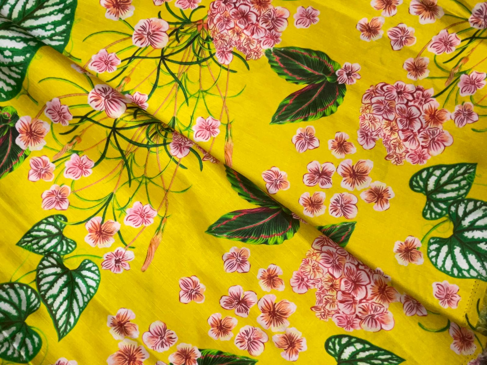 Mustard Green Floral Linen Satin Fabric Kapdashop